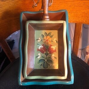 Two vintage folk art, small trays with handles, for display - slightly loved
